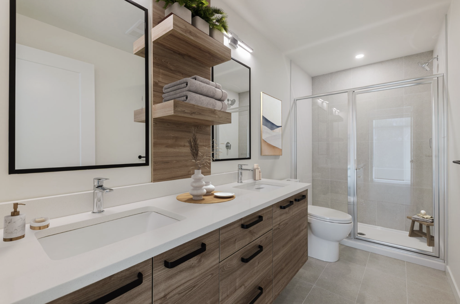 Spa-style bathroom with double vanity and walk-in shower