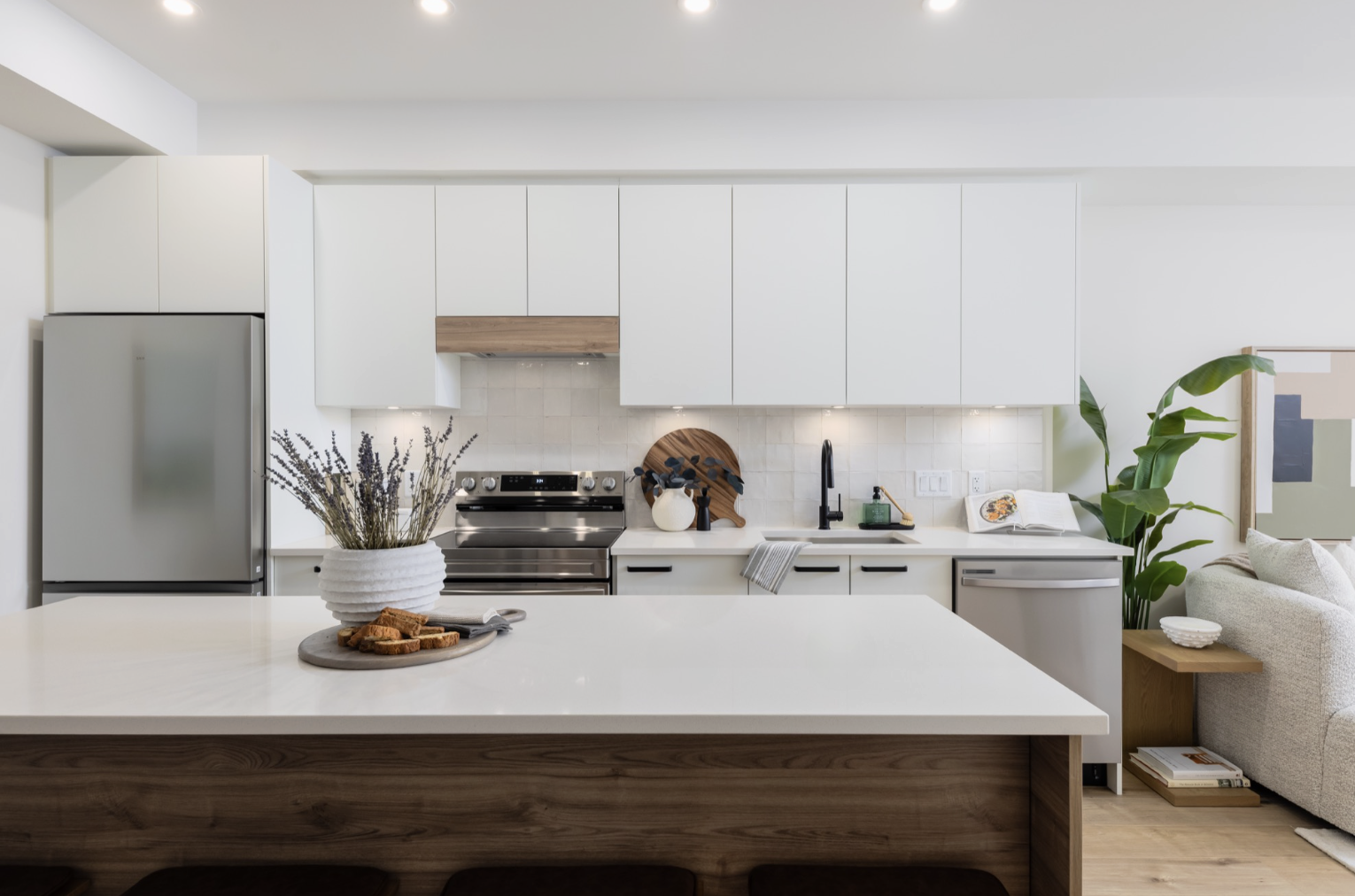 Open kitchen with island and leather barstools